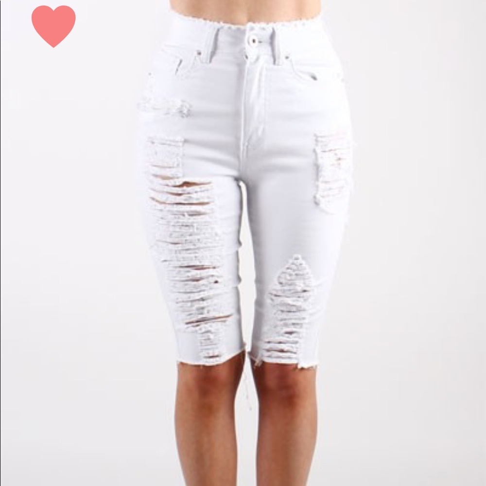White Distressed Ripped Stretch Jean Shorts